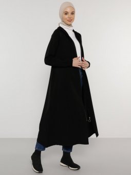 Kapüşon Detaylı Fermuarlı Spor Siyah Pardesü