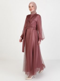 Tül Detaylı Gül Kurusu Abiye Elbise