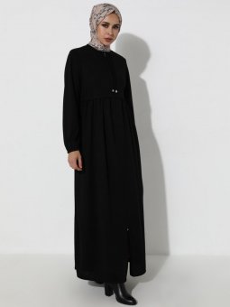 Boydan Fermuarlı Siyah Ferace