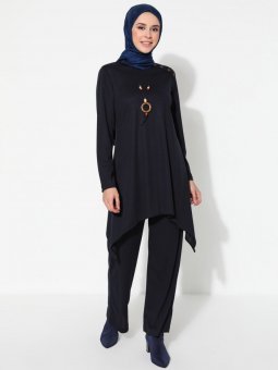 Kolyeli Tunik&Pantolon İkili Lacivert Takım
