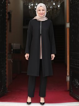 Nervürlü Taş Detaylı Tunik&Pantolon İkili Abiye Siyah Takım