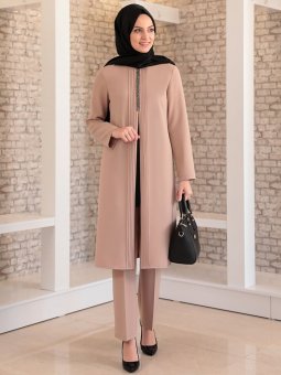 Nervürlü Taş Detaylı Tunik&Pantolon İkili Abiye Vizon Takım