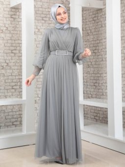 Taş Detaylı Tüllü Gri Abiye Elbise