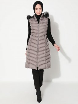 Şapkası Kürk Detaylı Gri Yelek