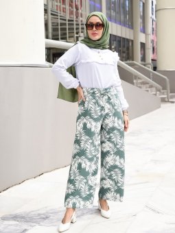 Beli Lastikli Desenli Salaş Çağla Pantolon