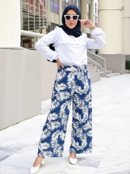 Beli Lastikli Desenli Salaş İndigo Pantolon