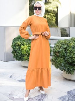 Fırfır Detaylı Kemerli Hardal Elbise