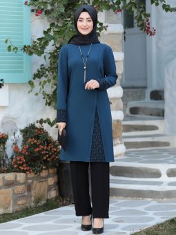 Asya Tunik&Pantolon Abiye Petrol Takım