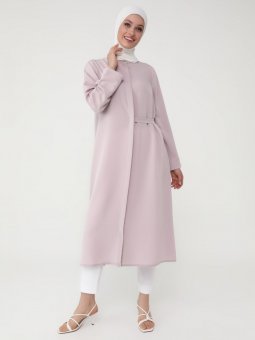 Bel Detaylı Gizli Düğmeli Uzun Koyu Pembe Tunik