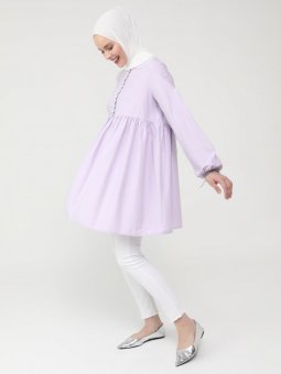 Brit Düğme Detaylı Robadan Genişleyen Poplin Lila Tunik