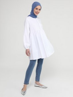Brit Düğme Detaylı Robadan Genişleyen Poplin Tunik Beyaz