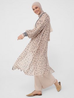 Çiçek Desenli Kuşaklı Şifon Bej Ferace