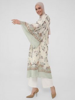 Çiçek Desenli Kuşaklı Şifon Yeşil Ferace