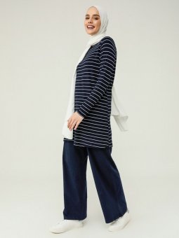 Doğal Kumaşlı Beli Lastikli Lacivert Pantolon