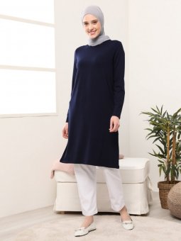 Doğal Kumaşlı Bisiklet Yaka Lacivert Tunik