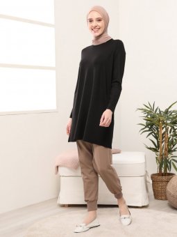 Doğal Kumaşlı Bisiklet Yaka Siyah Tunik