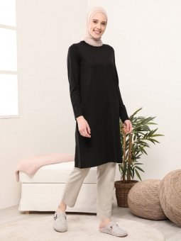 Doğal Kumaşlı Bisiklet Yaka Siyah Tunik