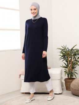 Doğal Kumaşlı Bisiklet Yaka Uzun Lacivert Tunik