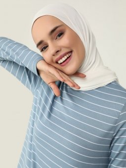 Doğal Kumaşlı Çizgili Derin Mavi Bluz