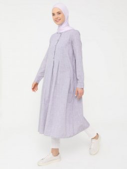 Doğal Kumaşlı Düğme Detaylı Lila Tunik