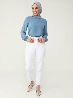 Doğal Kumaşlı Kemer Detaylı Ekru Kot Pantolon