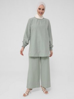 Etnik Nakışlı Geniş Paça Antik Yeşil Pantolon