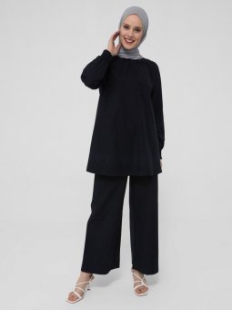 Etnik Nakışlı Geniş Paça Lacivert Pantolon