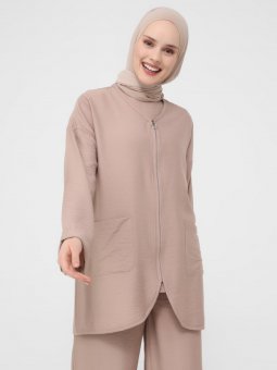 Fermuar Detaylı Cepli Natural Kap