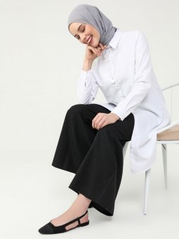 Geniş Paça Beli Lastikli Pamuklu Siyah Pantolon