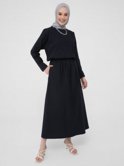 Keten Görünümlü Doğal Kumaşlı Düğmeli Lacivert Etek