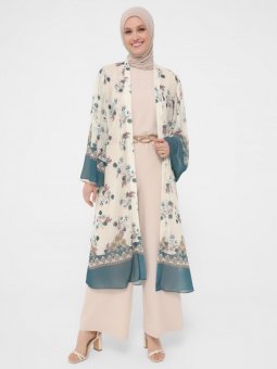 Kuşaklı Şifon Petrol Çiçekli Ferace