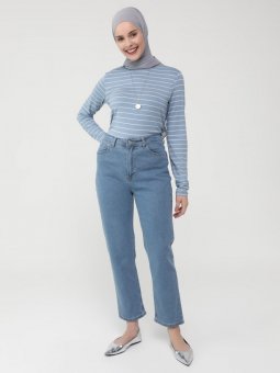Mom Kalıp Likralı Yüksel Bel Jean Mavi Pantolon