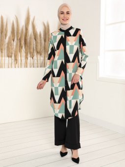 Asimetrik Kesim Desenli Küf Yeşili Tunik