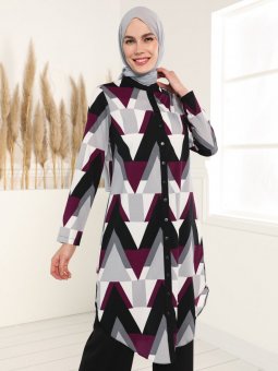 Asimetrik Kesim Desenli Mürdüm Tunik