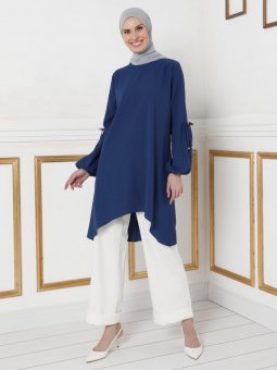 Kolları Bağcık Detaylı İndigo Tunik