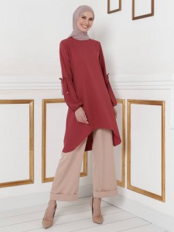 Kolları Bağcık Detaylı Koyu Gül Kurusu Tunik