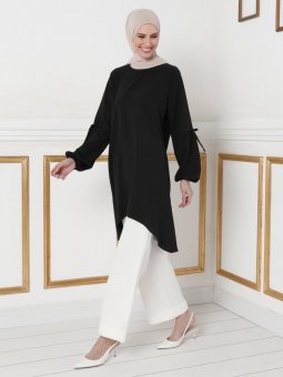 Kolları Bağcık Detaylı Siyah Tunik